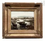 Buffles sur la plage en Italie by Giuseppe Palizzi, Huile sur panneau, sold Jul 2017