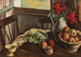 Composition aux pommes et au bouquet de dahlias by Serge Fotinsky, Huile sur toile, sold Sep 2016
