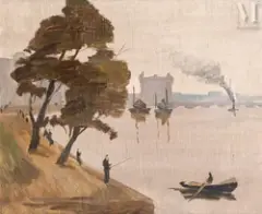 Pêcheurs sur les quais by Aleksander Semenich Vedernikov, Huile sur toile double face, sold Sep 2016