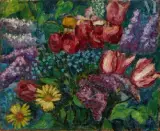 Les tulipes, lilas et pensées by Jean Miscelas Peske, Huile sur panneau, sold Sep 2016