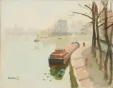 Peniche sur le quai de Seine, Paris by Nicolas Krycevsky, Huile sur toile, sold Sep 2016
