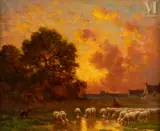Berger et ses moutons, soleil couchant sur Barbizon by Paul Chaigneau, Huile sur panneau, sold Sep 2016