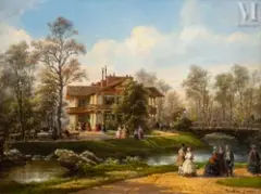 Dimanche au pavillon by Pierre-Justin Ouvrié, Huile sur panneau, une planche non parqueté, sold Sep 2016