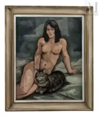 Nu au chat by Pierre Abadie-Landel, Huile sur toile, sold Sep 2016