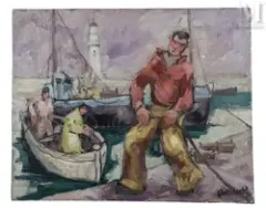 L'amarrage de la barque by Pierre Abadie-Landel, Huile sur toile, sold Sep 2016