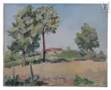 Maison dans un paysage de campagne by Pierre Abadie-Landel, Huile sur carton, sold Sep 2016