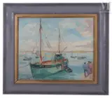 L'arrivée au port by Pierre Abadie-Landel, Huile sur carton, sold Sep 2016