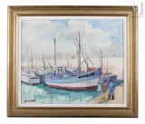 Bateaux à quai by Pierre Abadie-Landel, Huile sur carton, sold Sep 2016