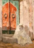 Repos devant une porte à Tunis by Lazare Levy, Huile sur toile d'origine, sold Jul 2011