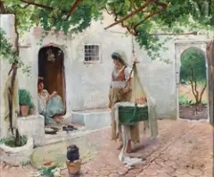 Femmes et enfants dans la cour du ryad by Louis Emile Bertrand, Huile sur toile d'origine, sold Jul 2011