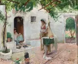 Femmes et enfants dans la cour du ryad by Louis Emile Bertrand, Huile sur toile d'origine, sold Jul 2011