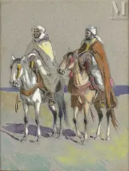 Deux cavaliers by Édouard Doigneau, Aquarelle et gouache sur papier gris, sold Jul 2011