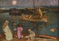 Vue du port le soir by Léon Cauvy, Huile sur panneau une planche non parqueté, sold Jul 2011