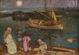 Vue du port le soir by Léon Cauvy, Huile sur panneau une planche non parqueté, sold Jul 2011