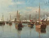 Bateaux de pêche dans un port enneigé by Gunnar Berg, Huile sur toile d'origine, sold Mar 2010