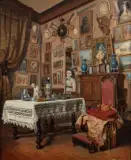 L'indiscrète dans le cabinet de curiosités by Pierre-Émile Bernède, Huile sur panneau une planche non parqueté, sold Mar 2010