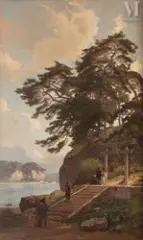 Scène animée au Japon avec vue du Fuji-Yama enneigé by Henri Zuber, Huile sur toile d'origine, sold Mar 2010