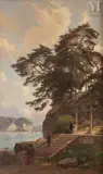 Scène animée au Japon avec vue du Fuji-Yama enneigé by Henri Zuber, Huile sur toile d'origine, sold Mar 2010
