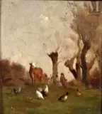 Enfants, poules, coq et vache en prairie by Jean Pezous, Huile sur panneau, sold Oct 2026