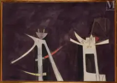 Fond mauve et figures blanches by Wifredo Lam, 1960, Huile sur toile, sold Jun 2026