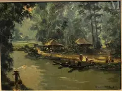 Matin dans un village d'An Nam aux abords de Quang Tri by Henri Mege, 1955, Huile sur bois, sold Jun 2026