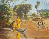 Bonzes sur la rivière à Siem Reap by Roger Baudry, Huile sur toile, sold Jun 2026