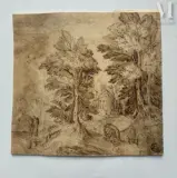 Paysage animé avec saint Georges et le dragon by Tobias Verhaecht, Plume et encre brune, lavis brun sur traits de crayon noir, sold Jan 2026