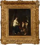 Joueuse de musique et faune en forêt by Richard Clague, Huile sur toile, sold Dec 2025