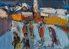 Personnages dans un paysage by Pierre Ambrogiani, Huile sur toile d'origine, sold Dec 2025