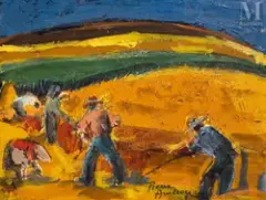 Les moissonneurs by Pierre Ambrogiani, Huile sur carton, sold Dec 2025
