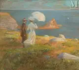 Élégant et élégante à l’ombrelle face à la mer by José Belon, Pastel ¨, sold Dec 2025