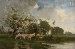 Troupeau de montous sous les pommiers en fleurs by Alexandre Defaux, Huile sur toile, sold Dec 2025