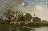 Troupeau de montous sous les pommiers en fleurs by Alexandre Defaux, Huile sur toile, sold Dec 2025