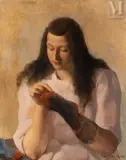 Portrait de femme à la chaussette by Marcel Delmotte, Huile sur toile, sold Dec 2025