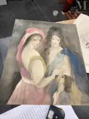 Deux jeunes filles au chien by Marie Laurencin, Lithographie rehaussé à l'aquarelle sur papier, sold Dec 2025