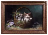 Chatons dans un panier de fleurs by Jules Gustave Leroy, Huile sur toile, sold Dec 2025