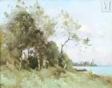 Bord de rivière animé by Paul Désiré Trouillebert, Huile sur toile, sold Dec 2025