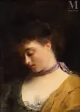 Jeune femme au ruban mauve by Gustave Jacquet, Huile sur panneau une planche non parqueté, sold Nov 2025