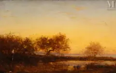 Coucher de soleil sur l'étang by Félix Ziem, Huile panneau une planche parqueté, sold Nov 2025
