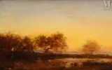 Coucher de soleil sur l'étang by Félix Ziem, Huile panneau une planche parqueté, sold Nov 2025