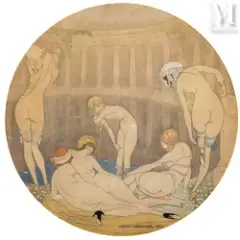 Femmes au bain by Gerda Wegener, Aquarelle et crayon sur papier calque Diamètre, sold Nov 2025