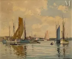 Voiliers dans un port by Henri Alphonse Barnoin, Huile sur panneau, sold Nov 2025