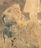 Elégante au livre jaune, fin du roman by Louis Icart, Huile sur toile d'origine, sold Nov 2025