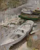 Barques amarrées by Lazare Volovick, Huile sur toile, sold Nov 2025