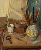 Nature morte à la palette et aux pinceaux by Michel Portnoff, Huile sur toile, sold Nov 2025