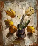 Nature morte aux tulipes et citrons by Boris Pastoukhoff, Huile sur carton, sold Nov 2025