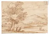 Paysage classique animé by Giovanni Francesco Grimaldi, Plume et encre brune sur traits de crayon noir, sold Nov 2025