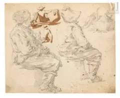 Recto : études d’homme assis, étude de panier et de brouette / Verso : études d’hommes allongés by Abraham Bloemaert, Crayon noir, rehauts de gouache blanche, lavis brun, sold Nov 2025