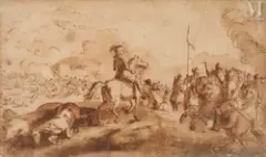 Scène de bataille by Jacques Courtois, Plume et encre brune, lavis brun sur esquisse de sanguine, sold Nov 2025