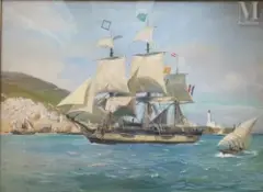Trois-mâts carré battant pavillon français et passant devant Alger by Roger Chapelet, Gouache, sold Nov 2025